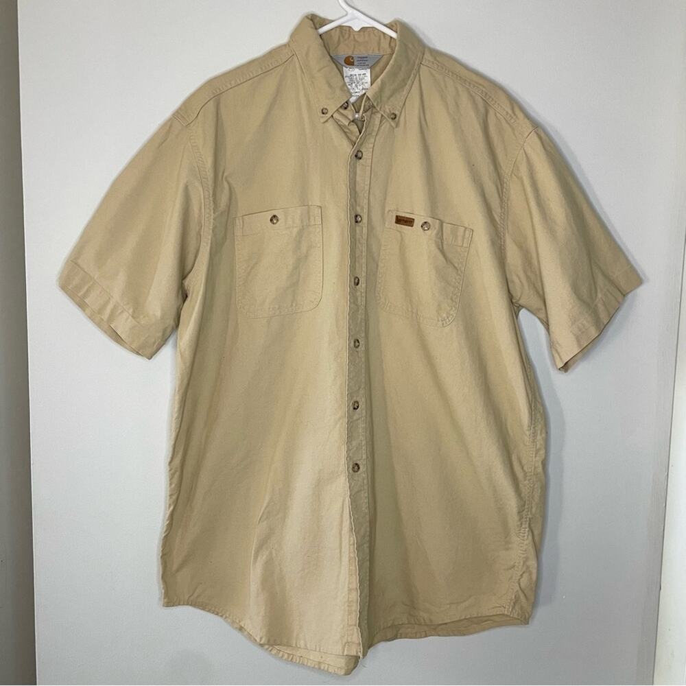 Carhartt Vintage Short Sleeve Workwear Khaki Twill Button Down Shirt Size L
